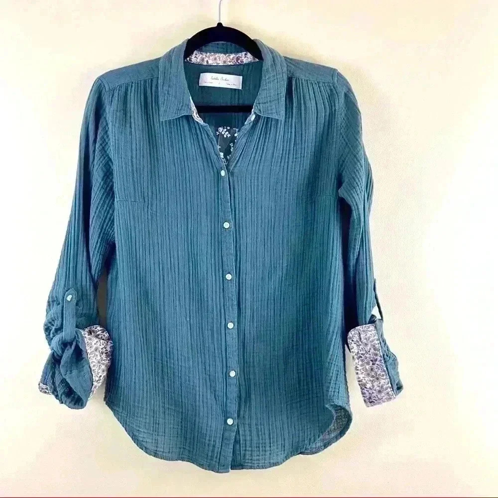 ANTHROPOLOGIE ISABELLA SINCLAIR Forest Green Crimp Cotton Button Top‎ Size S